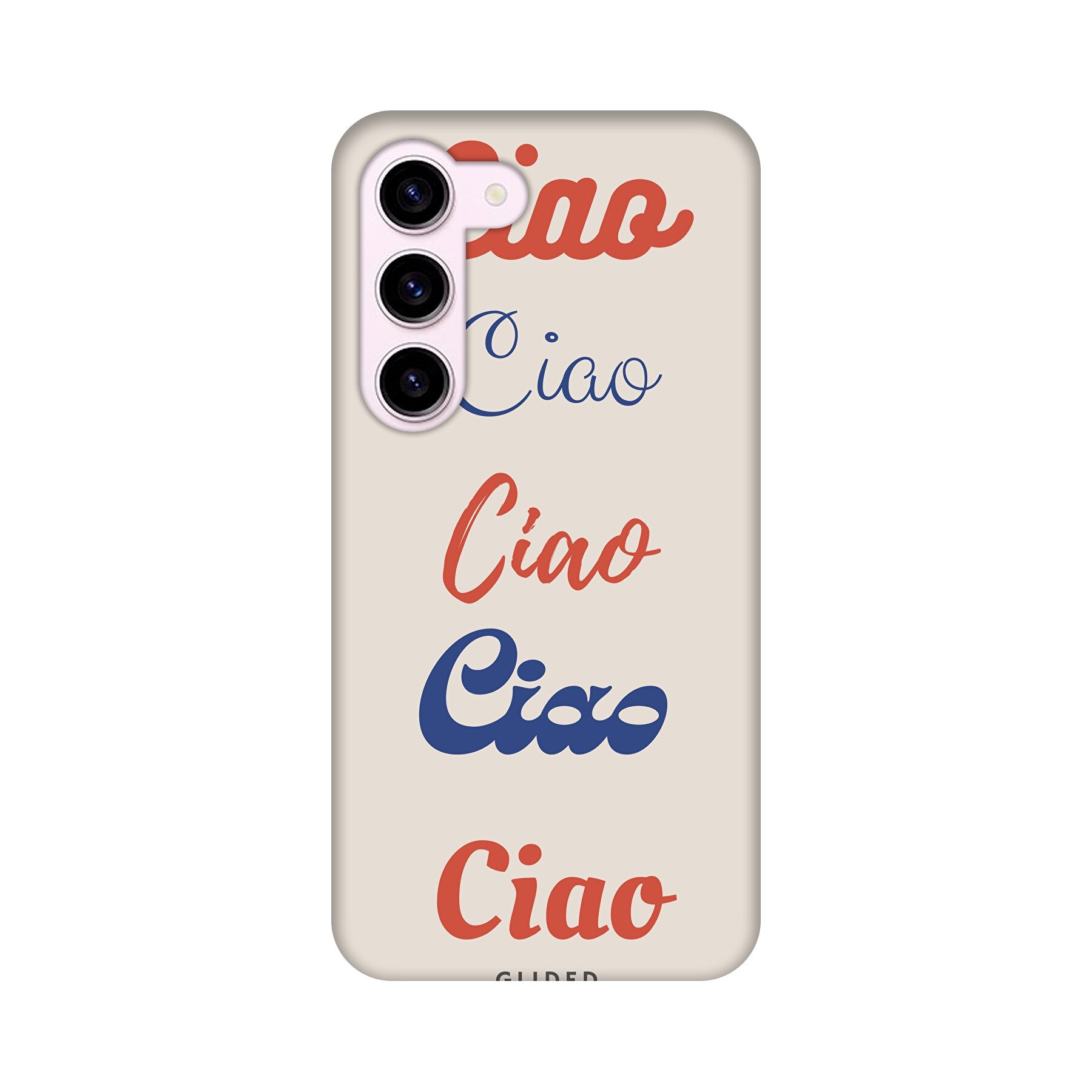 Ciao Samsung Galaxy S24 Handyhülle mit buntem Design und dem Wort 'Ciao' in verschiedenen Schriftarten.